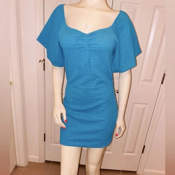 O’NEILL TEAGAN SMOCKED PUFF SLEEVE MINI DRESS ON/ OFF SHOULDER BLUE MEDIUM - Picture 4 of 15